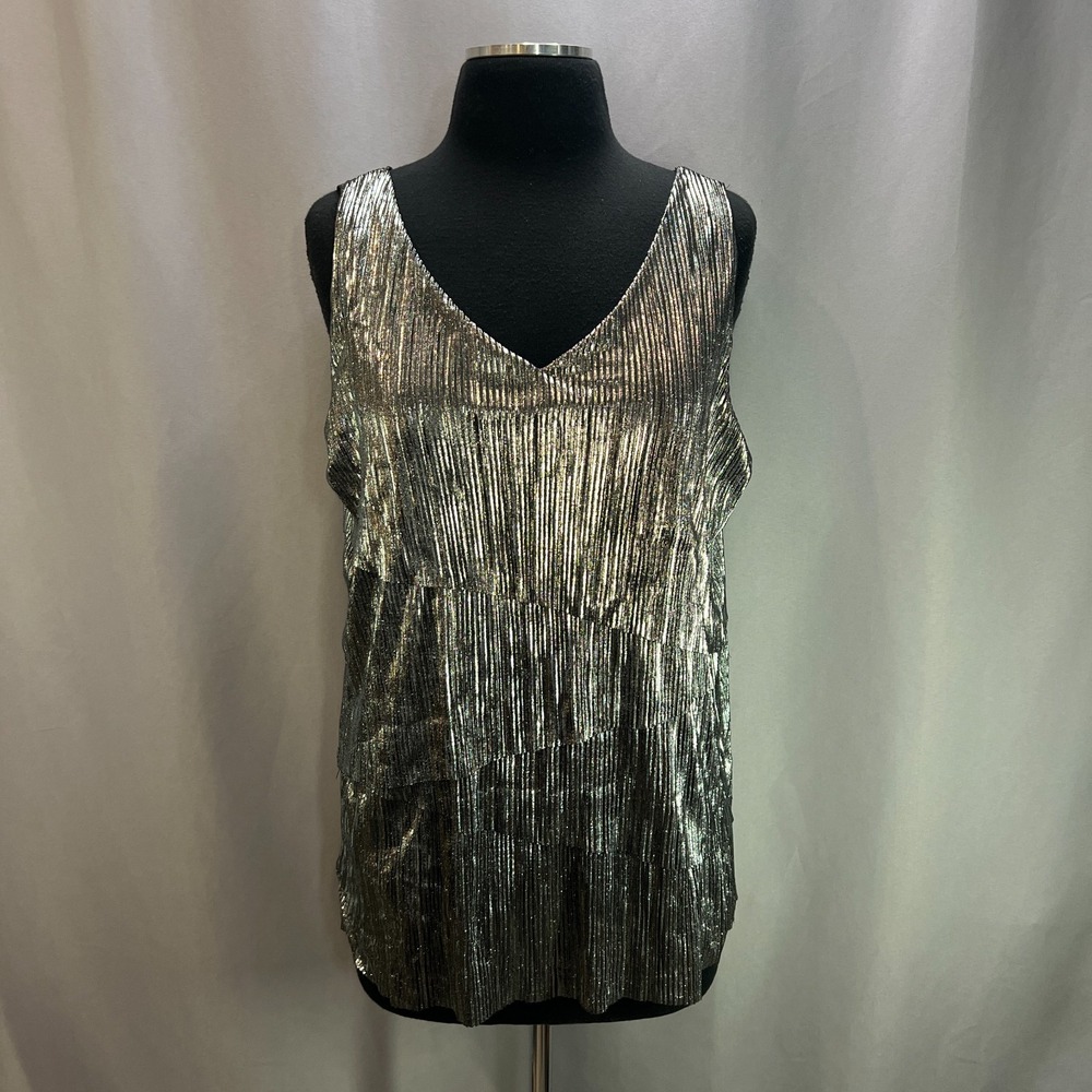 Roz & Ali Tank Top Womens Gray Metallic Silver Layered Piece V Neck Sleeveless